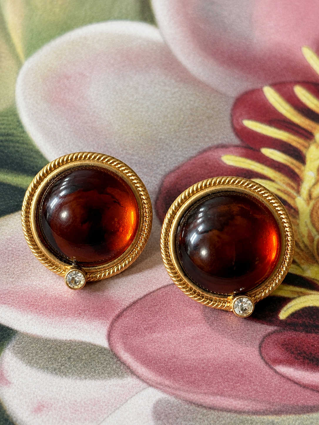 Vintage 1980s Amber-Tone Cabochon Earrings, Post Back