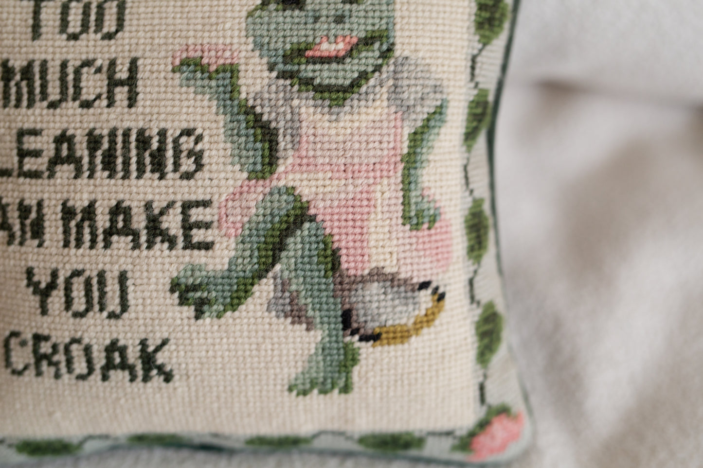 Too Much Cleaning Can Make You Croak Vintage Needlepoint Pillow