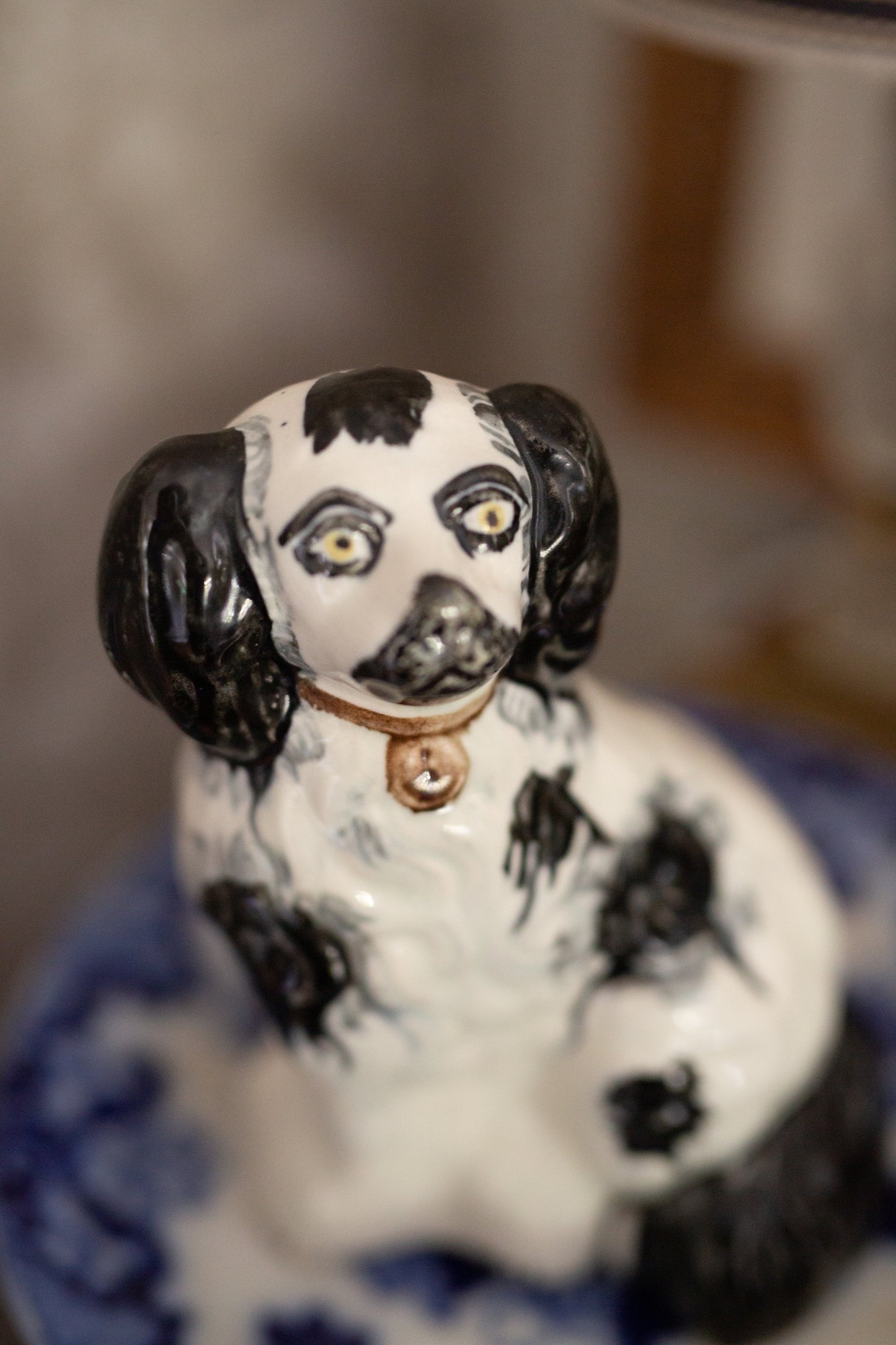 Antique Staffordshire Black & White Spaniel Porcelain Figurine
