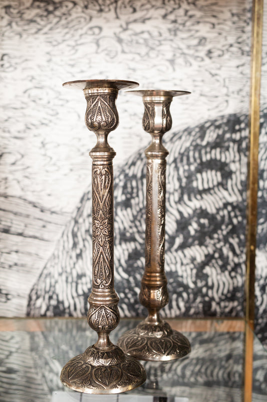 Vintage Silver Plated Pair Of Pillar Candle Sticks