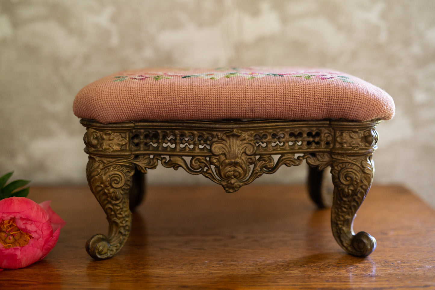 Antique Footstool with Needlepoint