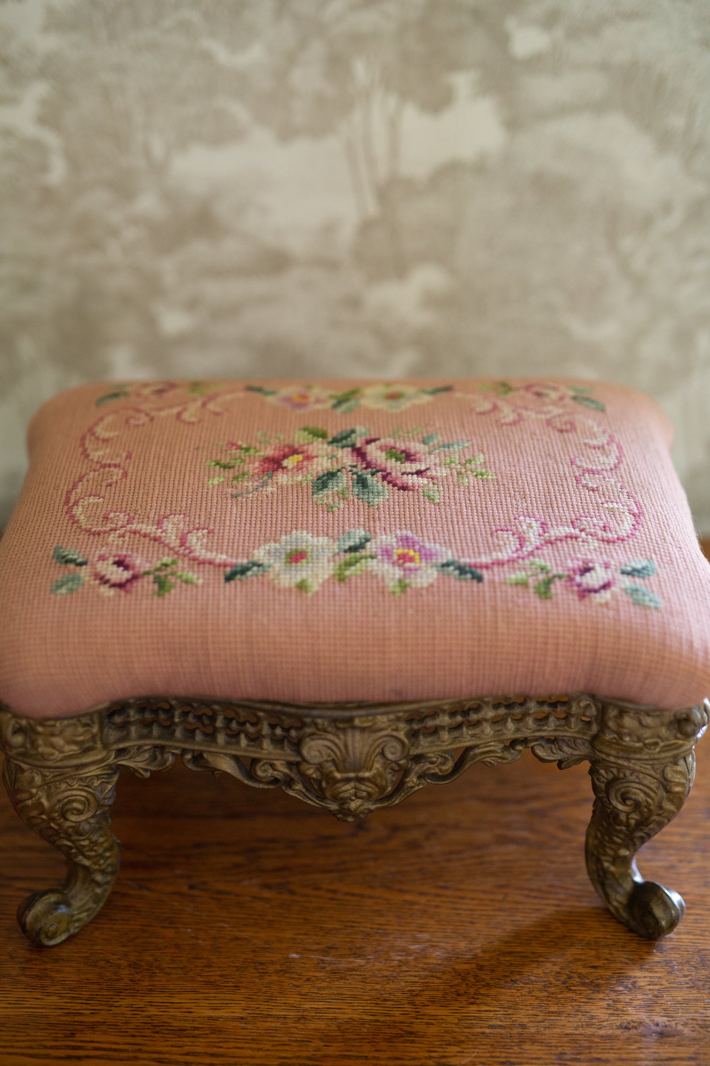 Antique Footstool with Needlepoint