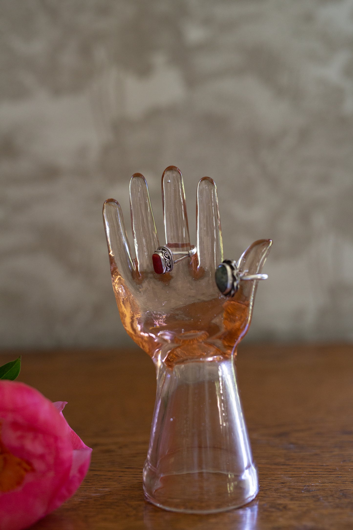 Vintage Pink Depression Glass Hand Jewelry Display