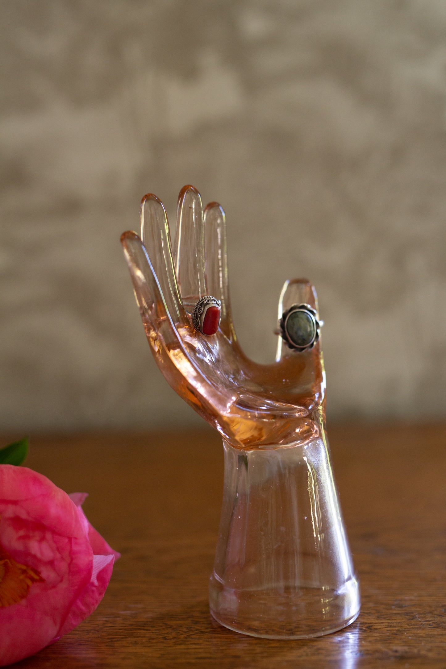 Vintage Pink Depression Glass Hand Jewelry Display