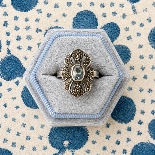 Vintage Sterling Silver Marcasite & Aquamarine Ring, Sz 6.5