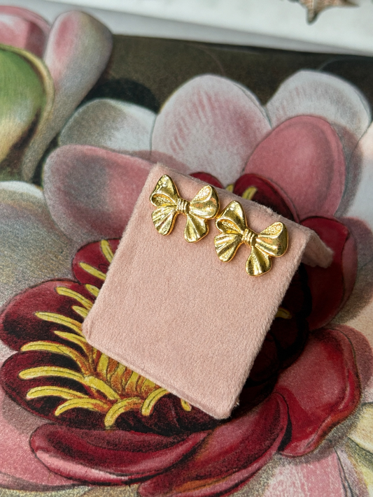 Vintage Gold Tone Bow Earrings, Post Back