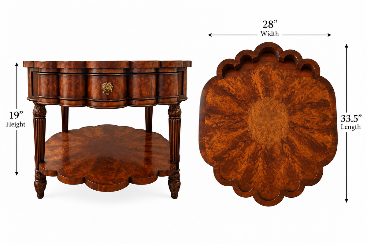 Theodore Alexander Burl Wood Scalloped Two-Tier Side Table