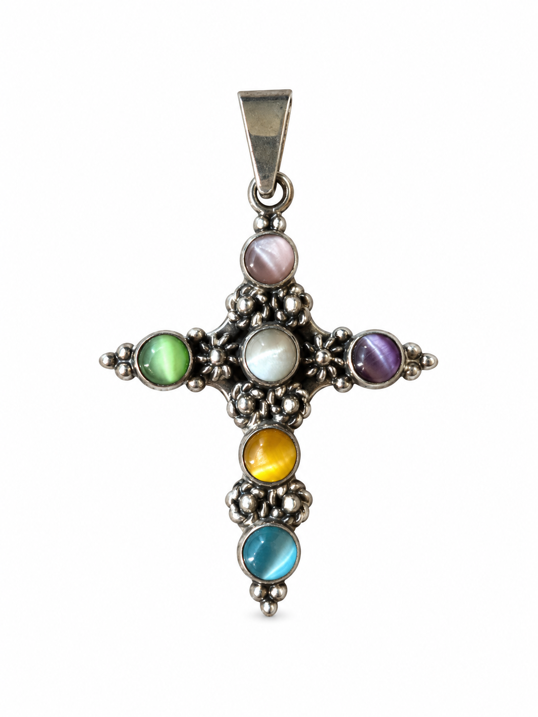 VNTG Sterling Silver Cross Pendant, Cat Eye Quartz Stones