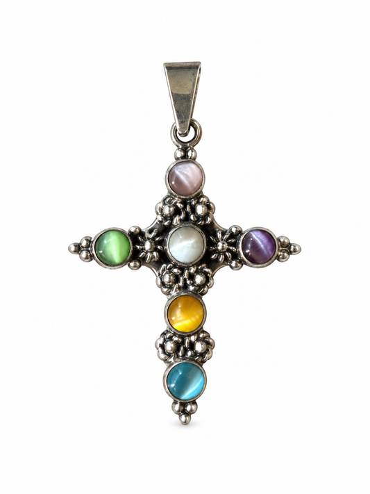 VNTG Sterling Silver Cross Pendant, Cat Eye Quartz Stones
