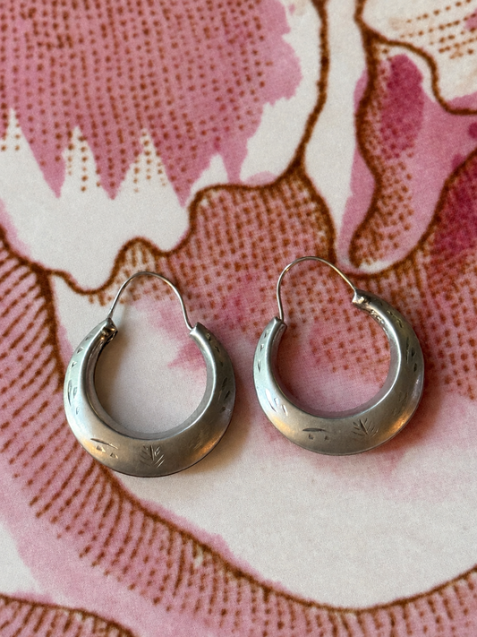 VNTG Sterling Silver Engraved Hollow Hoop Earrings