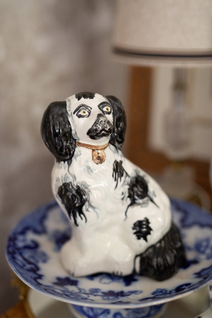 Antique Staffordshire Black & White Spaniel Porcelain Figurine