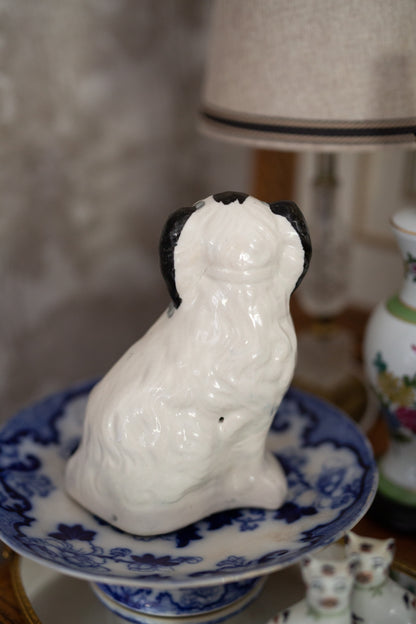 Antique Staffordshire Black & White Spaniel Porcelain Figurine