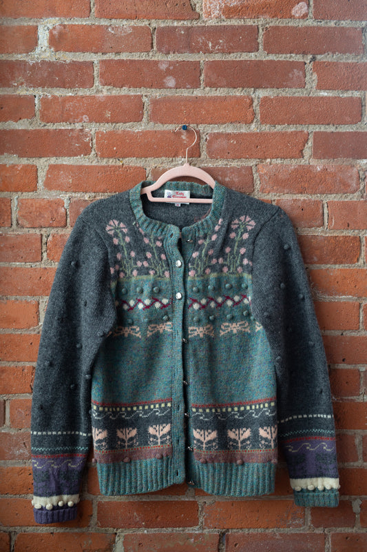 Vintage Scottish Wool Patterned Bobble Knit Cardigan