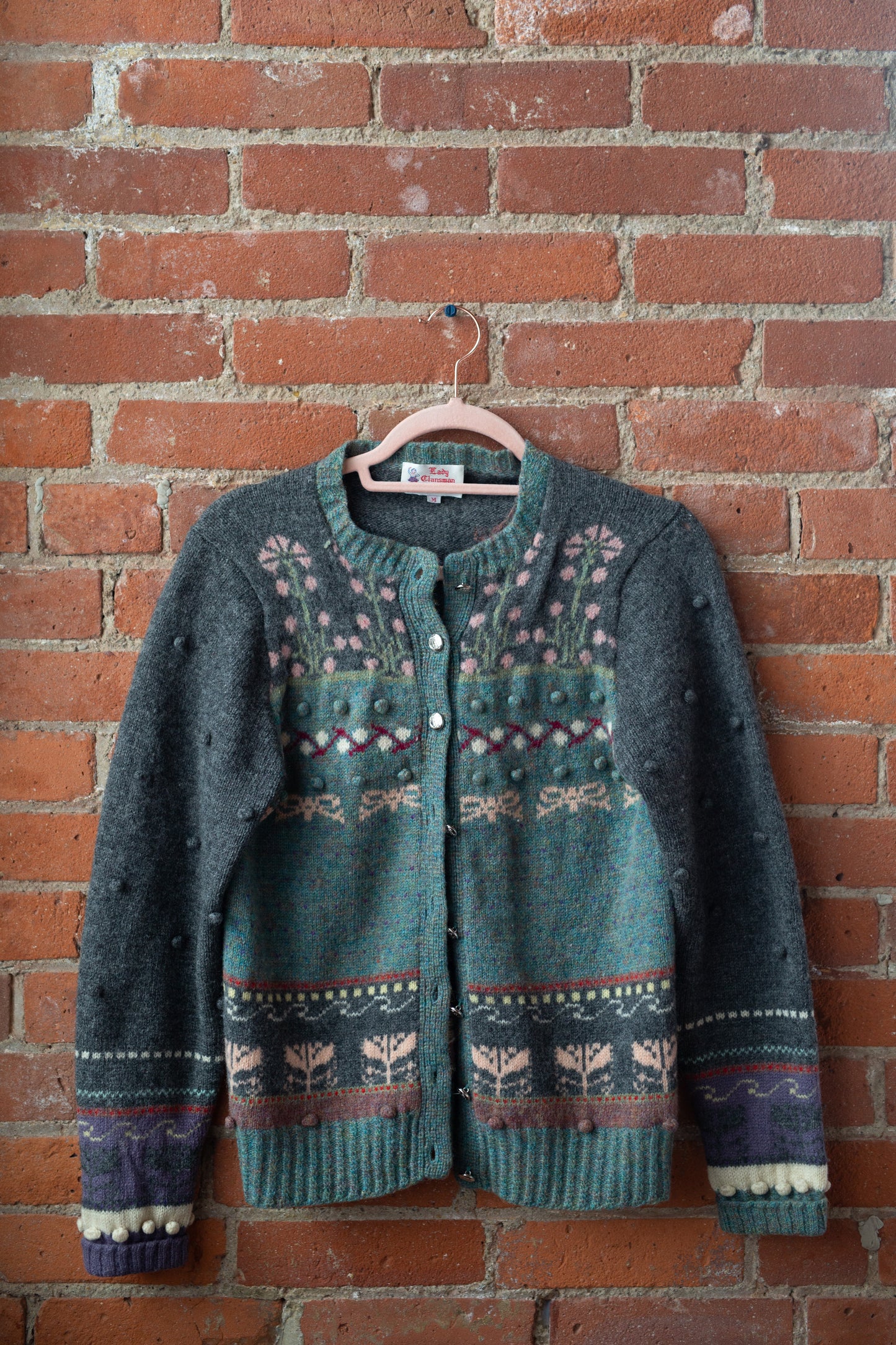 Vintage Scottish Wool Patterned Bobble Knit Cardigan