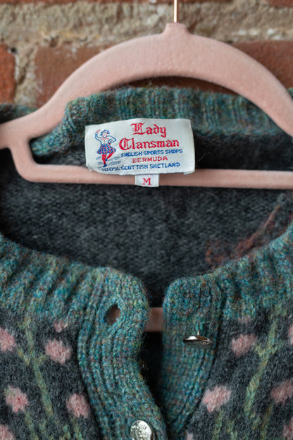 Vintage Scottish Wool Patterned Bobble Knit Cardigan
