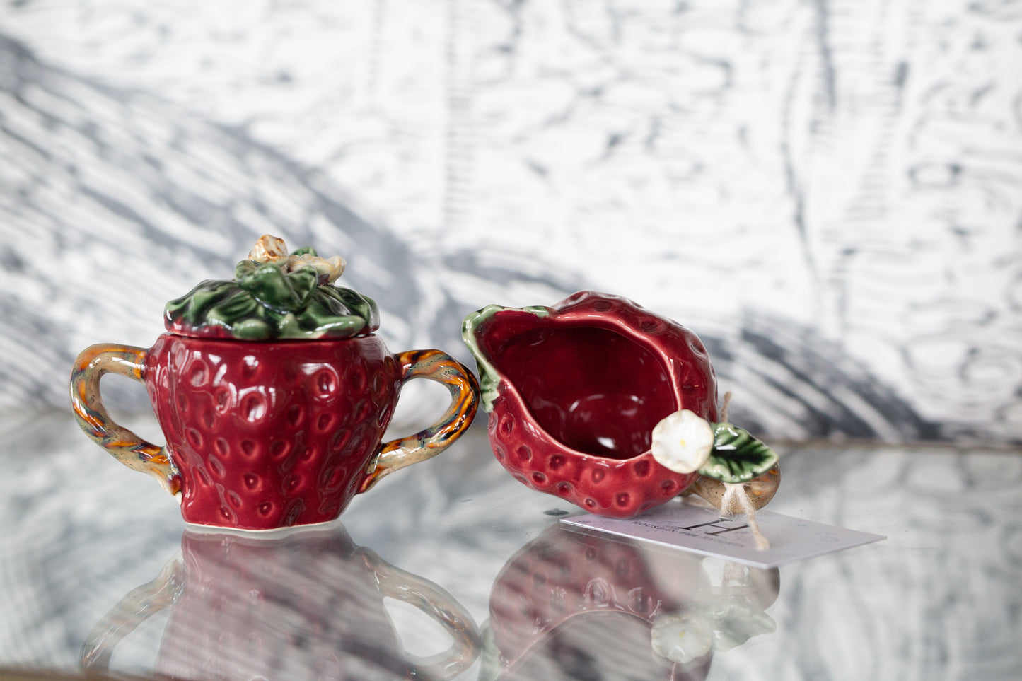 Majolica Style Strawberry Sugar & Cream Set