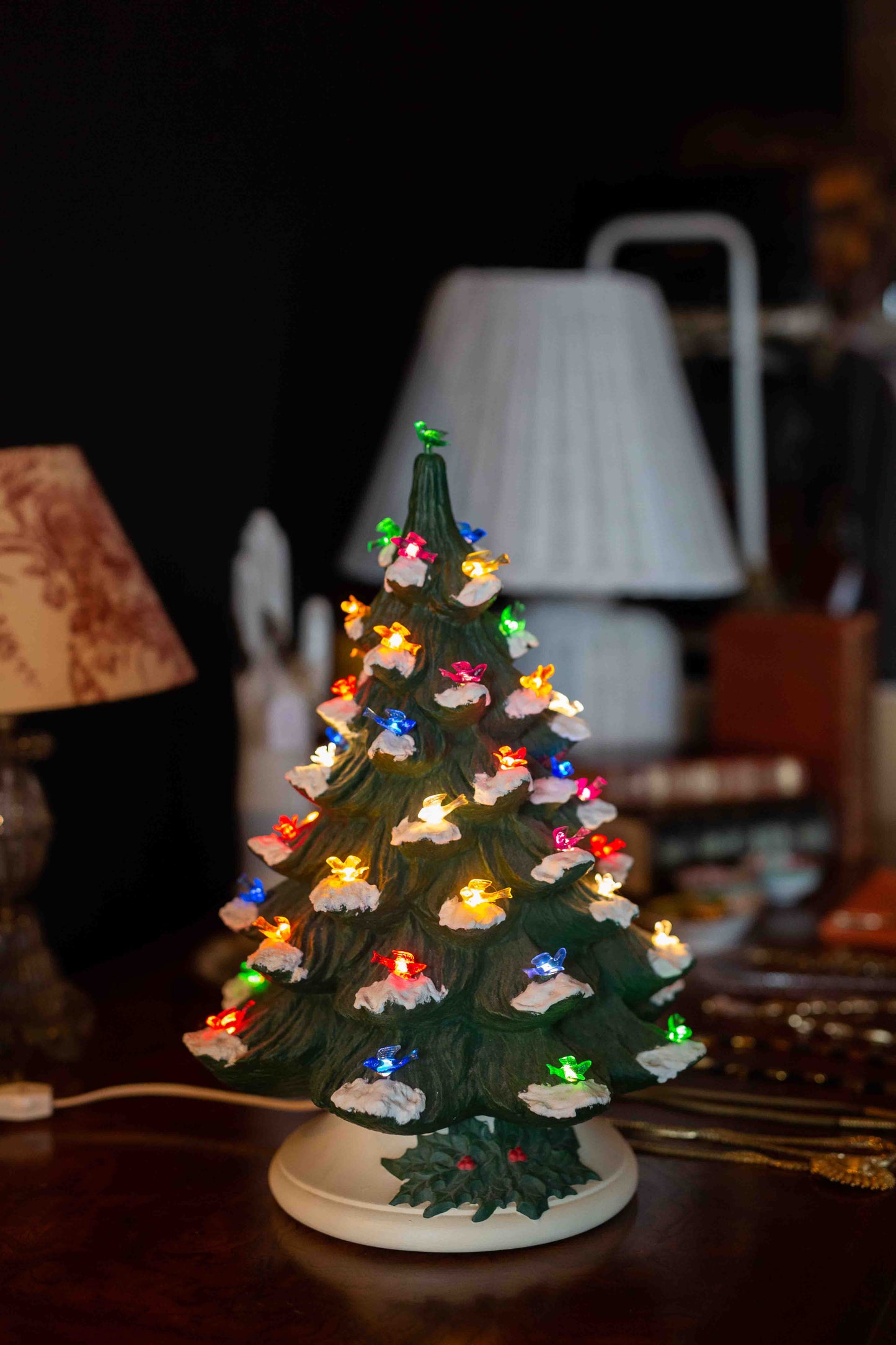 70s Lighted Flocked Vintage Tree with Birds