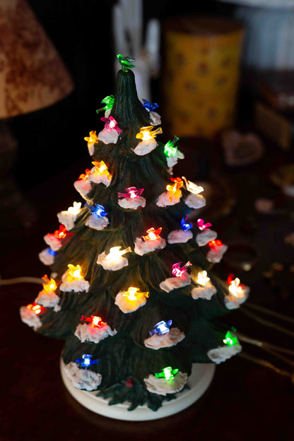 70s Lighted Flocked Vintage Tree with Birds