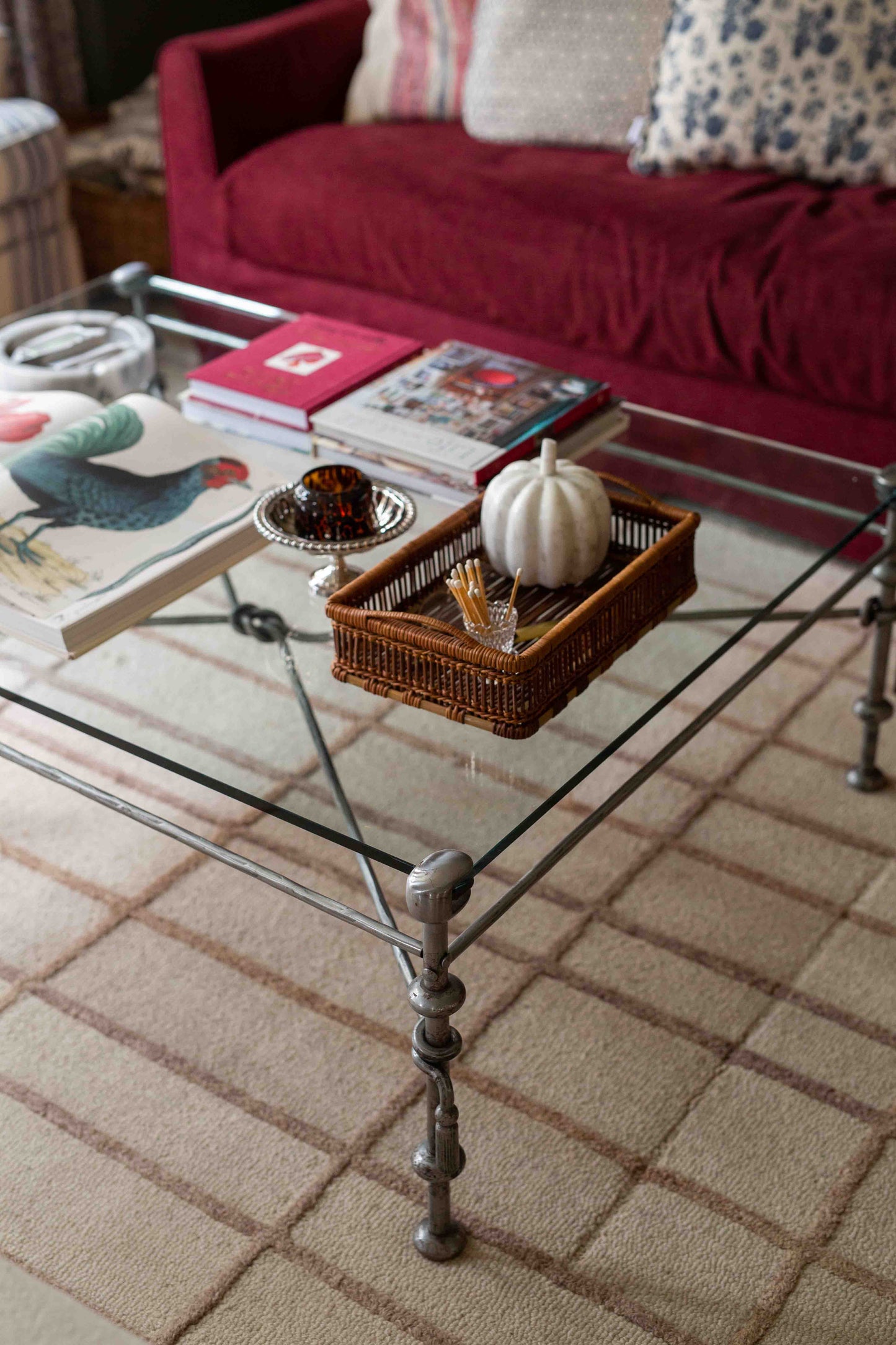 Giacometti-style wrought iron and glass coffee table