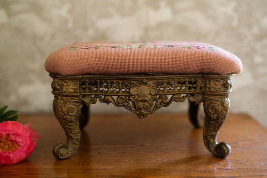 Antique Footstool with Needlepoint
