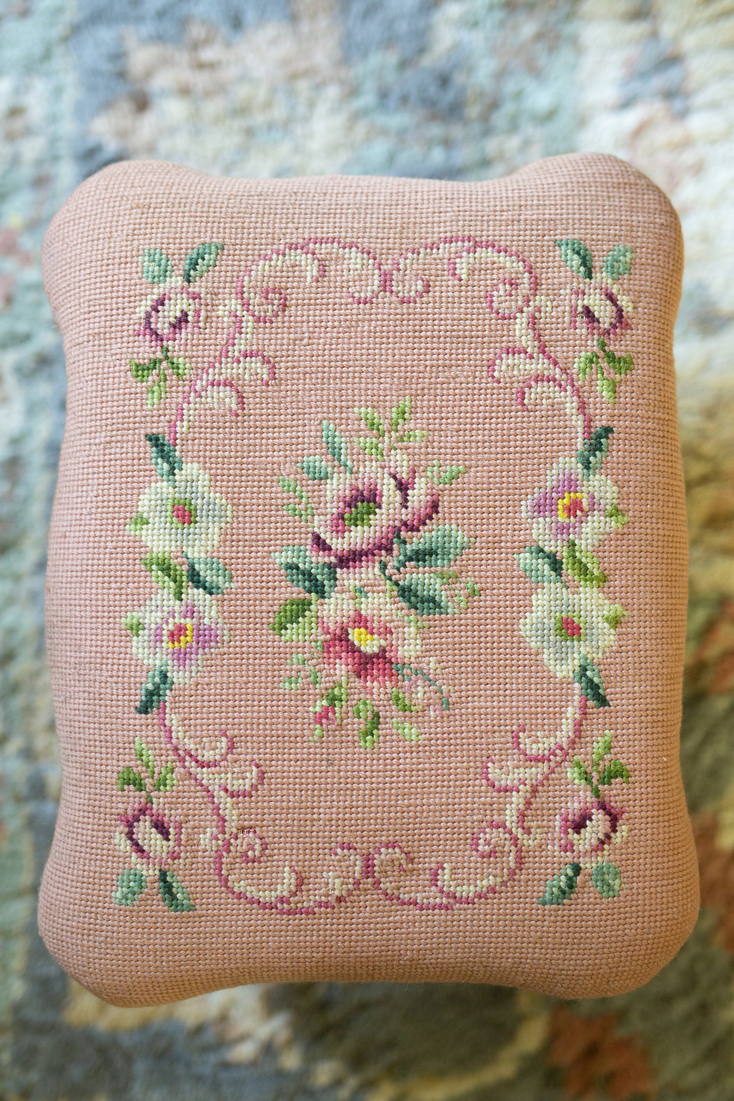 Antique Footstool with Needlepoint