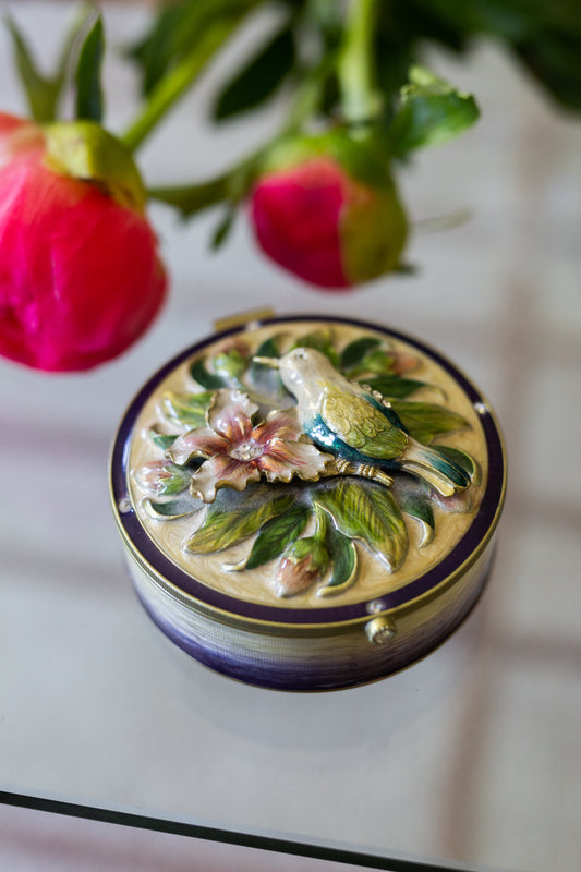 Enameled Brass Jewelry Trinket Box w/ Hinged Lid, 3D Bird & Floral Design