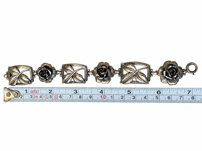 VNTG Sterling Rose & Leaf Bracelet, 1940's Sterling Bracelet With Leaves and Roses