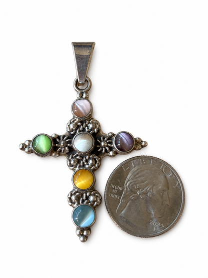 VNTG Sterling Silver Cross Pendant, Cat Eye Quartz Stones