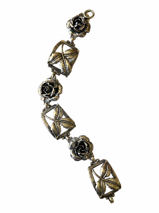 VNTG Sterling Rose & Leaf Bracelet, 1940's Sterling Bracelet With Leaves and Roses